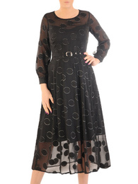 Rozkloszowana sukienka z koronki, czarna kreacja z paskiem 34952
