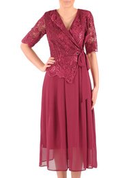 Bordowa sukienka damska, elegancka kreacja z kopertowym dekoltem 37492