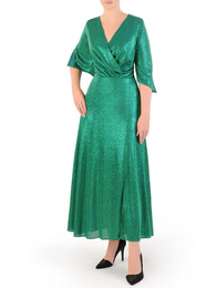 Połyskująca sukienka midi, elegancka kreacja z rozcięciem 34423