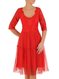 Czerwona efektowna, koronkowa sukienka z tiulowym dołem 27979