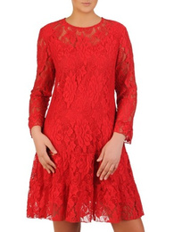 Sukienka z czerwonej koronki Honorata II, zwiewna kreacja z falbaną
