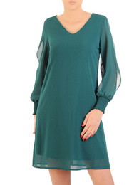 Luźna, zielona sukienka z ozdobnymi rękawami z szyfonu 34188