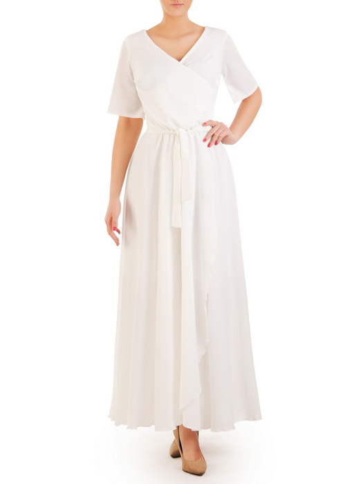 Długa biała sukienka z szyfonu, kreacja z ozdobnym rozcięciem 31149 | Sklep  online 