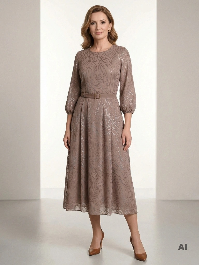 Sukienka na wesele, komunię z paskiem - elegancka sukienka koktajlowa maxi, beżowo-miedziana 41578