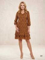 Wzorzysta sukienka trapezowa midi w liście – swobodny krój tuszujący biodra na jesień 22384