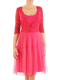 Różowa efektowna, koronkowa sukienka z tiulowym dołem 33954