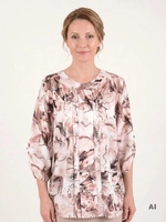 Elegancka bluzka plus size w beżowo-marmurowy deseń – luźny fason z marszczonymi rękawami 41082