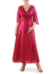 Połyskująca sukienka midi, elegancka kreacja z rozcięciem 34422