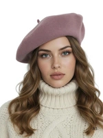 Wełniany beret damski w kolorze brudnego wrzosu – elegancki fason z wełny merynosa w stylu francuskim 40897