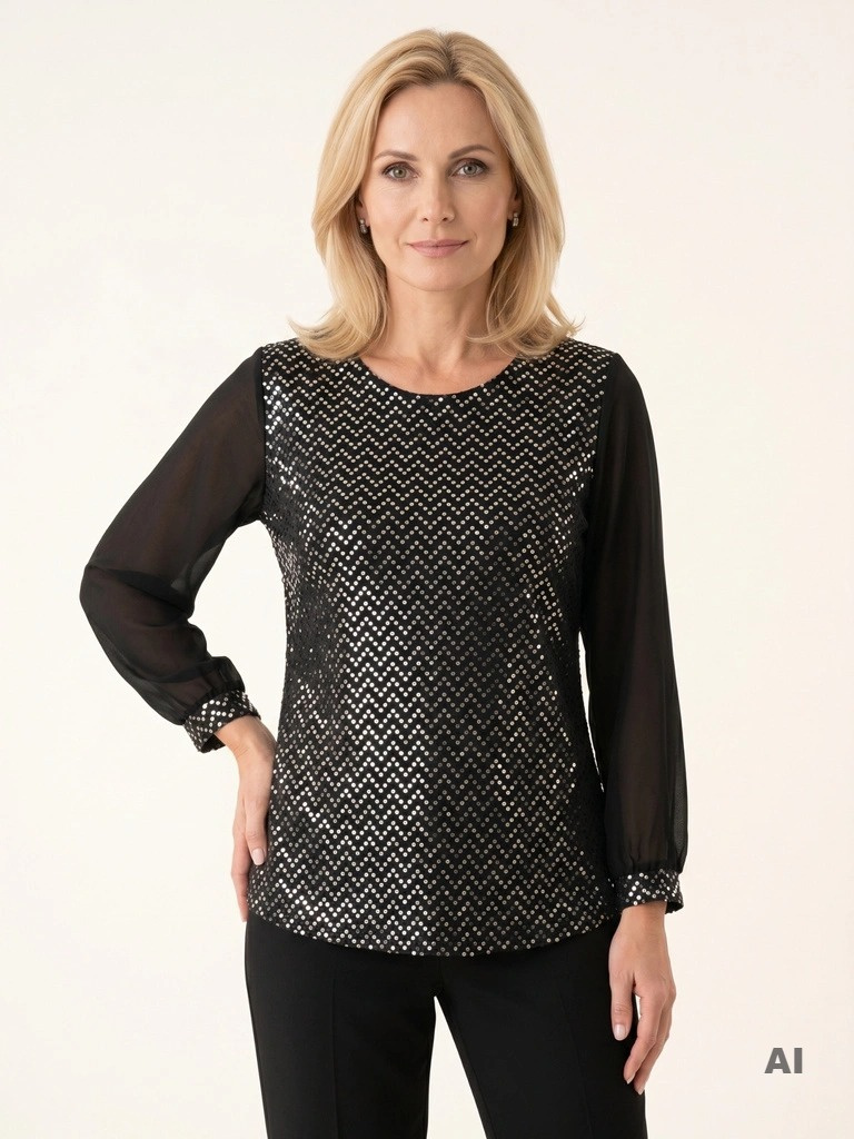 Czarna bluzka plus size z połyskującymi cekinami w deseń zygzak – eleganckie szyfonowe rękawy 3/4 na wieczór 40921