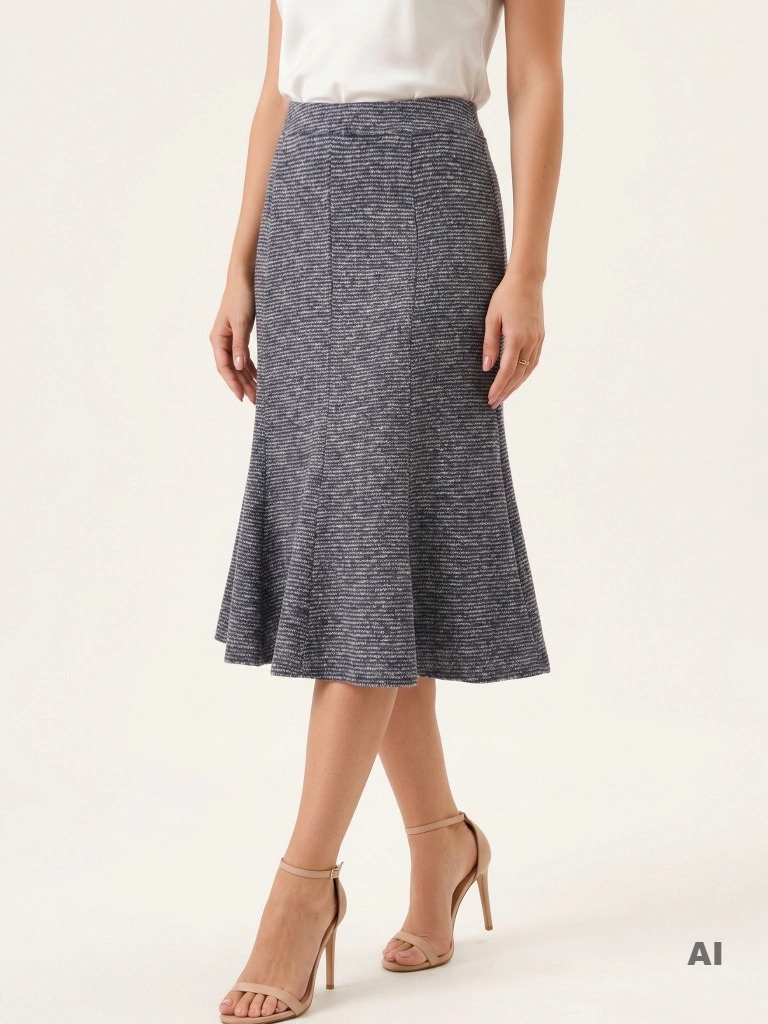 Granatowo-szara spódnica trapezowa midi z dzianiny – elegancki fason z podszewką do biura i pracy 36824