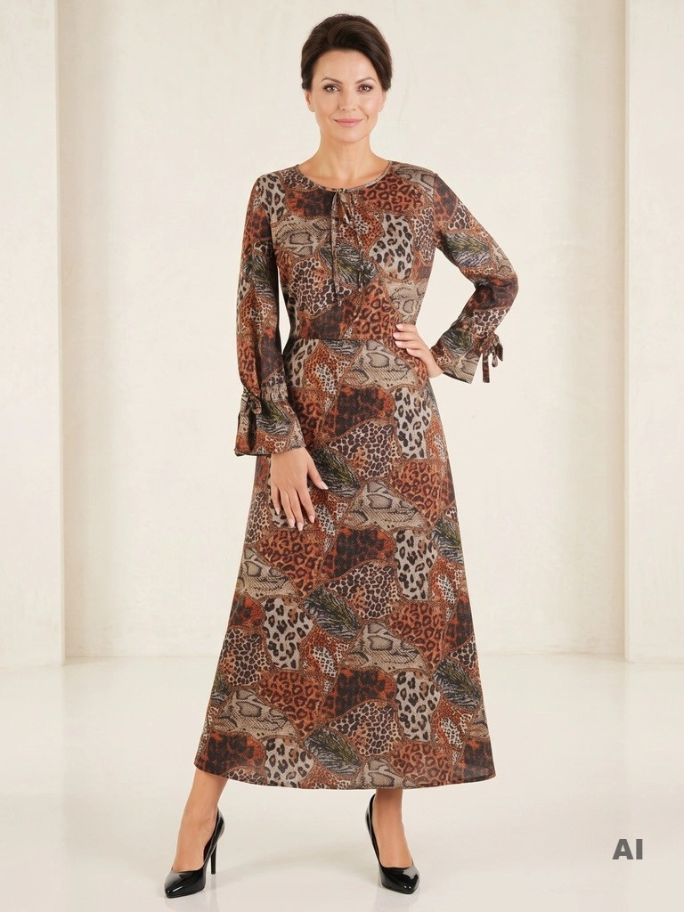Brązowa sukienka damska maxi w zwierzęce motywy – elastyczna talia i fason maskujący niedoskonałości 27000