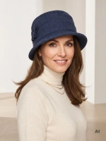 Elegancki kapelusz damski zimowy cloche – granatowe nakrycie głowy z ozdobną wstawką 42451