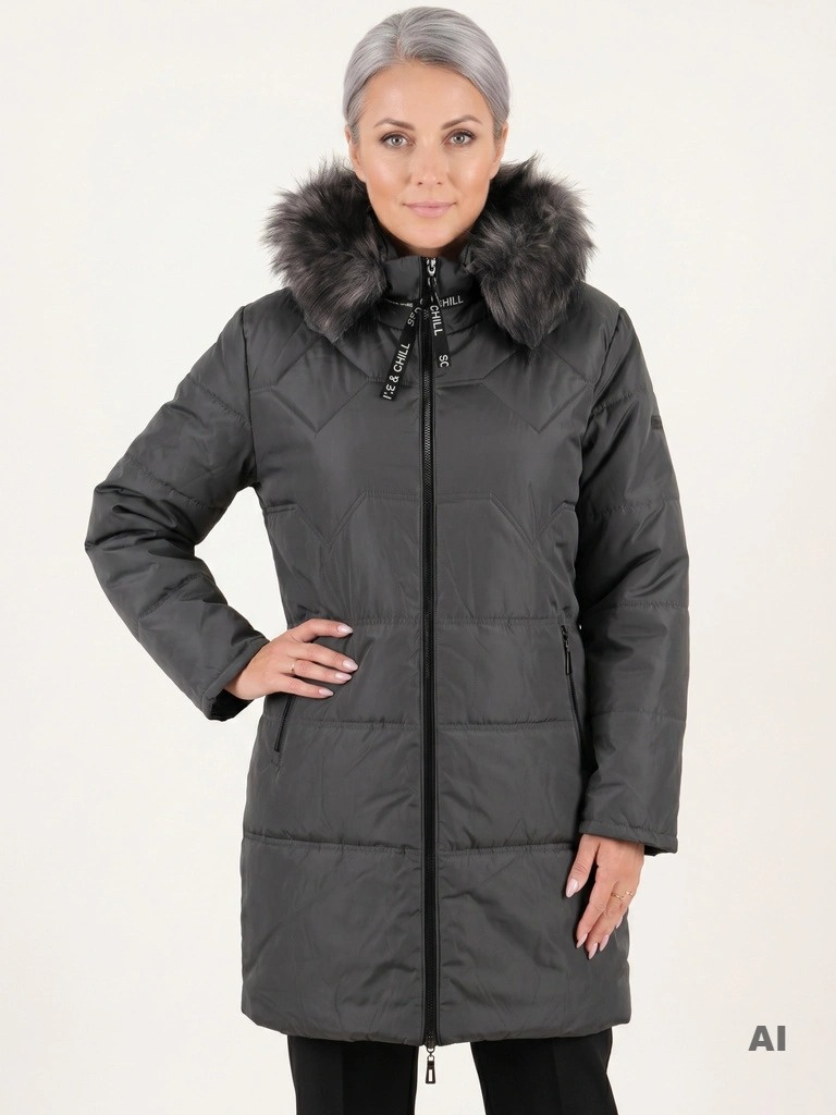 Elegancka czarna pikowana kurtka zimowa damska – model plus size z odpinanym futerkiem, wysmuklający fason 36633