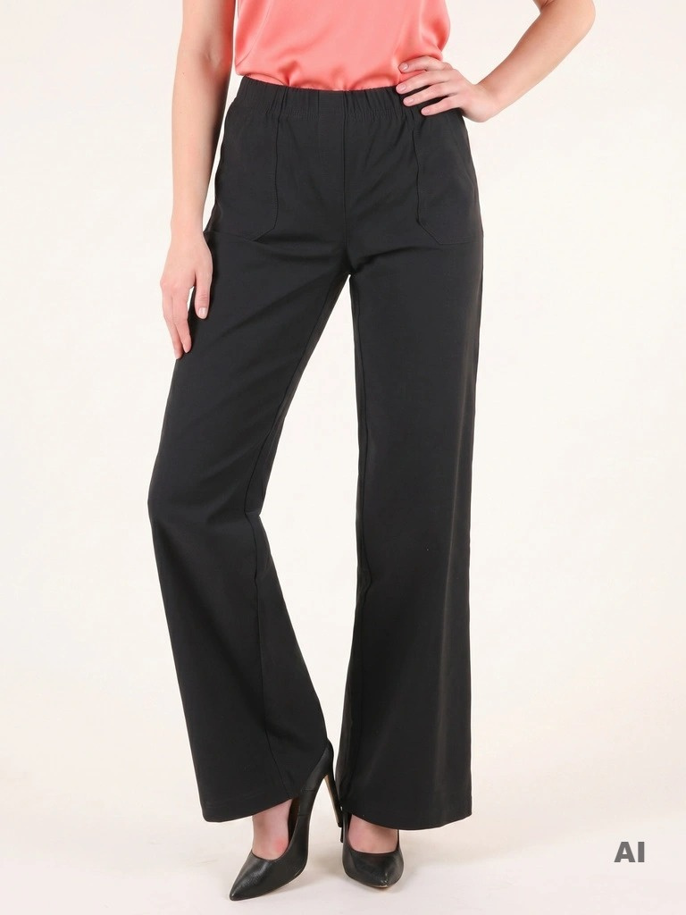 Czarne eleganckie spodnie damskie wide leg z wysokim stanem i gumką w pasie – wyszczuplający fason z kieszeniami 39075
