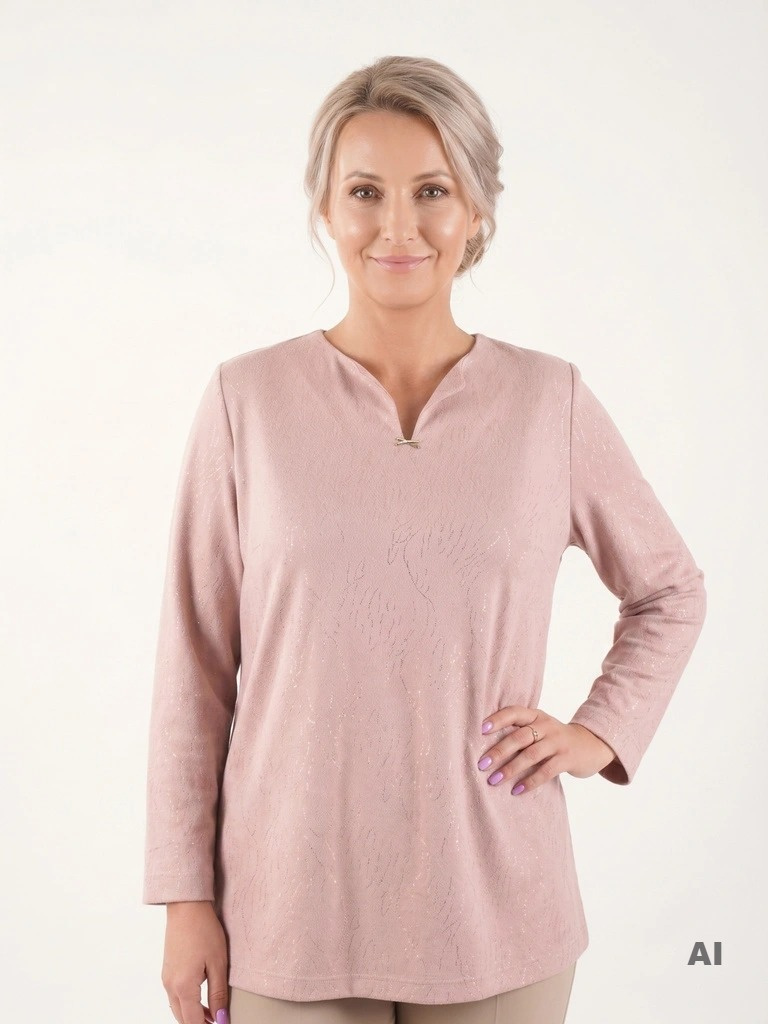 Pudrowa bluzka dzianinowa z połyskiem – dekolt V z broszką, ozdobne rękawy, na wizytowe wyjścia 40285