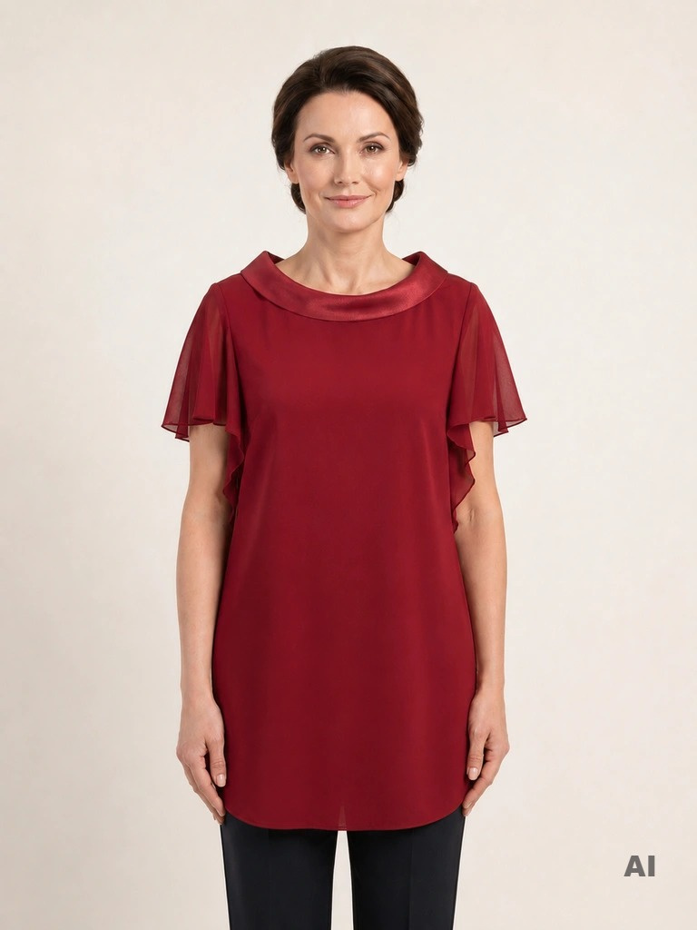 Elegancka bordowa tunika z golfem – prosty fason z dwuwarstwowym wykończeniem 39554