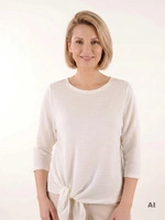 Klasyczna bluzka plus size ecru w prążki, prosty fason – z wiązaniem akcentującym figurę 38168
