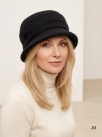 Elegancki kapelusz cloche czarny z ozdobną wstawką – modny model damski z krótkim rondem i regulacją obwodu 40911