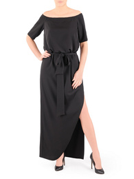 Czarna sukienka damska z odkrytymi ramionami i wiązaniem w tali 37571