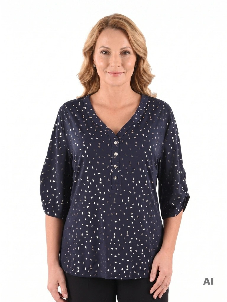 Elegancka bluzka plus size granatowa ze złotym deseniem, dekolt V z guzikami – idealna do pracy i na wieczór 40809