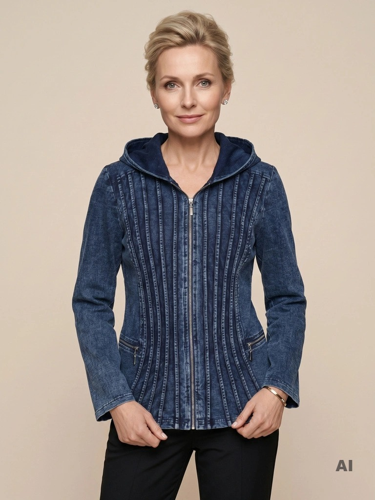 Stylowa kurtka damska imitująca jeans o prostym kroju – wysmuklająca sylwetkę dzięki pionowym przeszyciom 41712
