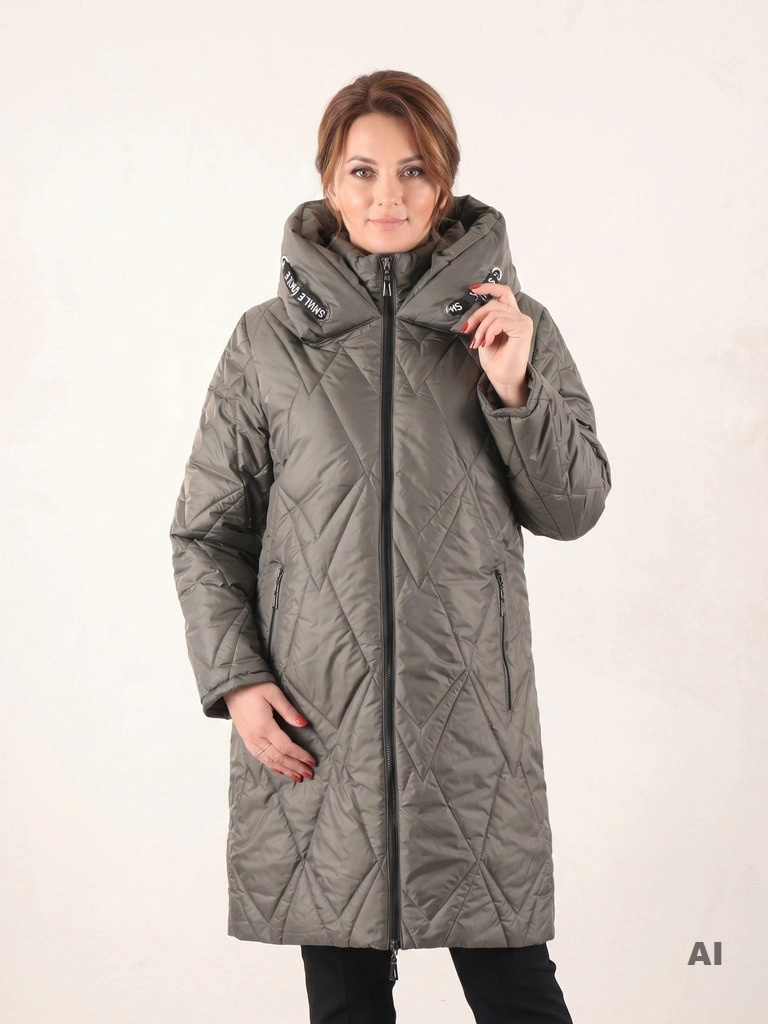 Elegancka pikowana kurtka damska khaki z kapturem – prosta, matowa, z ozdobną podszewką, idealna na zimę 40382