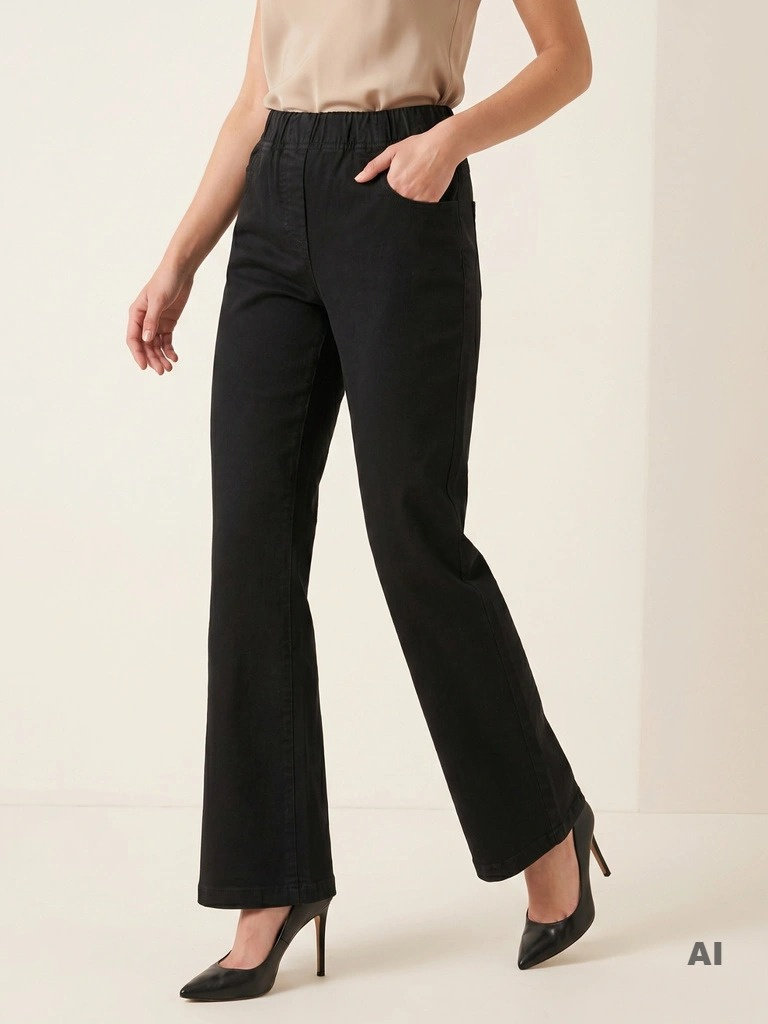 Czarne eleganckie dzwony damskie z gumką w pasie – wysmuklające nogi, idealne dla sylwetki plus size 36894
