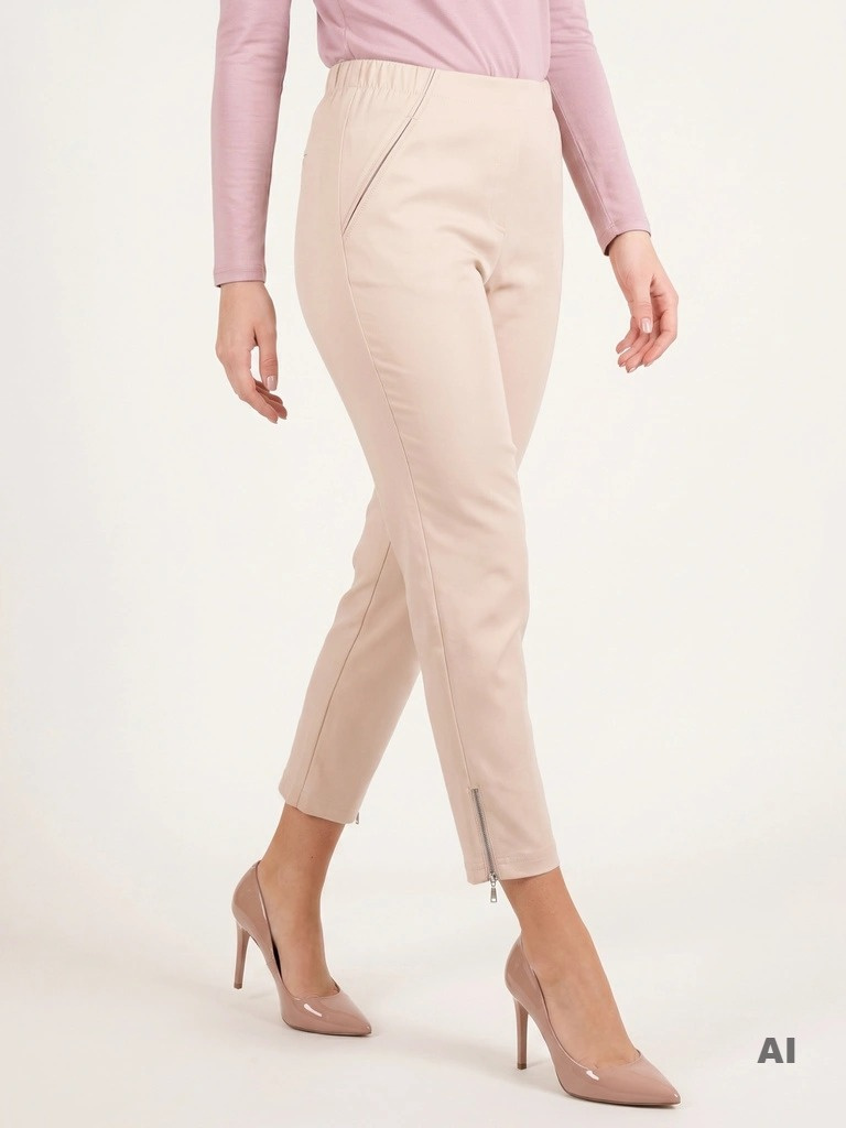 Beżowe spodnie damskie rybaczki z gumką w pasie – eleganckie rurki 7/8 z ozdobnymi suwakami plus size 35351