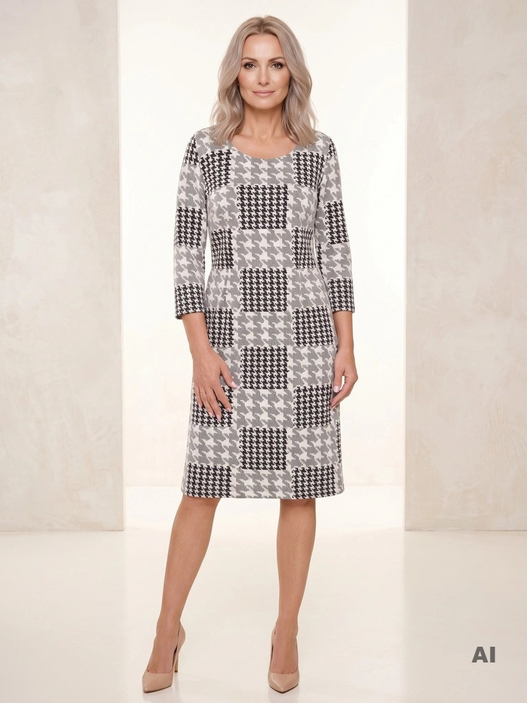 Elegancka sukienka dzianinowa midi w czarno-szarą pepitkę – prosty fason z rękawem 3/4 na co dzień i do biura 36562