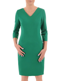 Sukienka damska, prosta z tkaniny, zielona kreacja z dekoltem w serek 37875