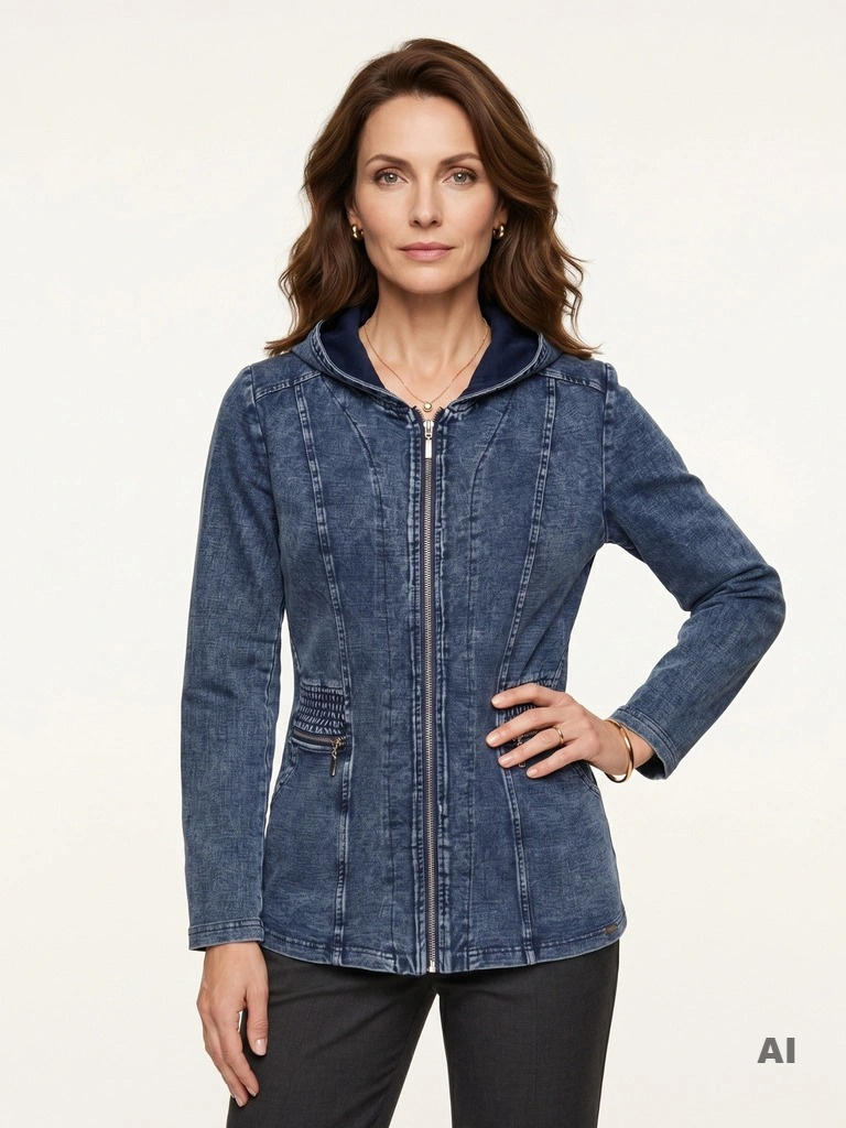 Błękitna kurtka przejściowa w stylu jeans z kapturem i zamkami – wysmuklający prosty krój na lato 41710