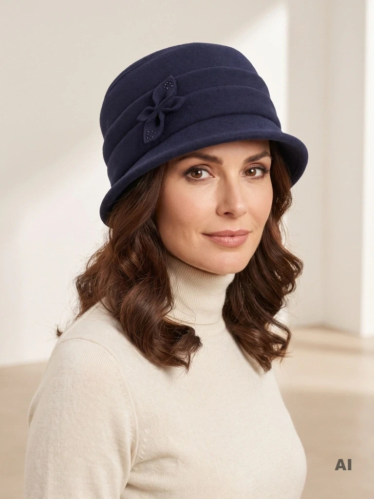 Granatowy kapelusz damski cloche z cyrkoniami – elegancki, ocieplany model retro z regulacją obwodu 40920