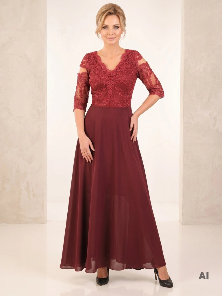 Bordowa sukienka maxi na wesele z koronkową górą i zwiewnym szyfonowym dołem – elegancki fason z rękawem 3/4 30728