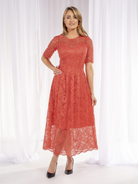 Sukienka wizytowa, elegancka koralowa sukienka z koronki 37706