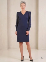 Granatowa prosta sukienka midi z dekoltem w serek – wysmuklający fason z bufiastymi rękawami 24244