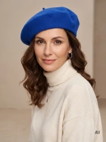 Elegancki beret damski wełniany szafirowy – francuski fason z antenką na jesień i zimę 40858
