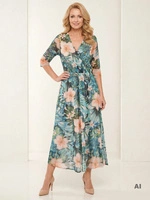 Elegancka zielona sukienka maxi rozkloszowana w kwiaty – wygodna gumka w pasie podkreślająca talię 37957