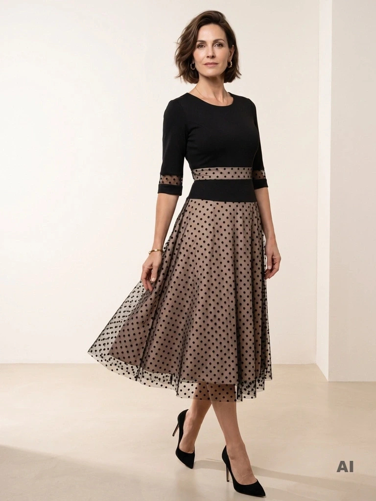 Elegancka czarna sukienka maxi w grochy – rozkloszowany fason na andrzejki i wieczór 42479