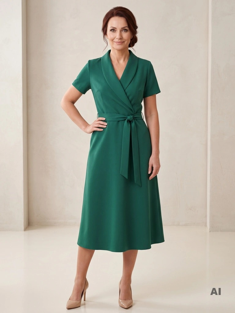 Elegancka zielona sukienka plus size na wesele i komunię – kopertowy dekolt, midi, pasek, kieszenie 38301