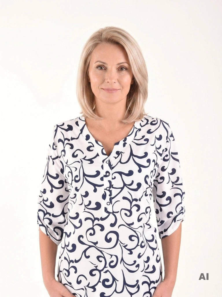 Biała wiskozowa bluzka plus size w granatowe zawijasy – dekolt V z guzikami, rękaw 3/4, idealna do biura 40816