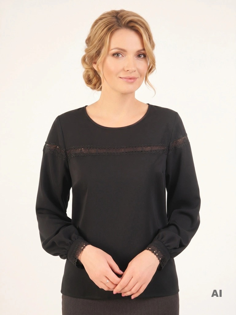Czarna bluzka z koronkowym dekoltem w serce i mankietami, prosty fason – elegancka na biuro i codzienne wyjścia 31579