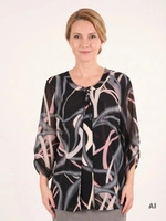 Nowoczesna czarna tunika plus size z dynamicznym printem – luźny fason z imitacją narzutki, wysmuklający sylwetkę 41087