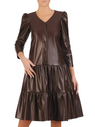 Elegancka brązowa sukienka z ekologicznej skóry z modnymi marszczeniami 27843