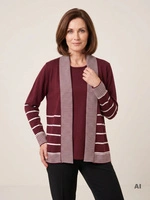 Elegancki bordowy zestaw plus size w paski – z integrowaną narzutką maskującą biodra 38965