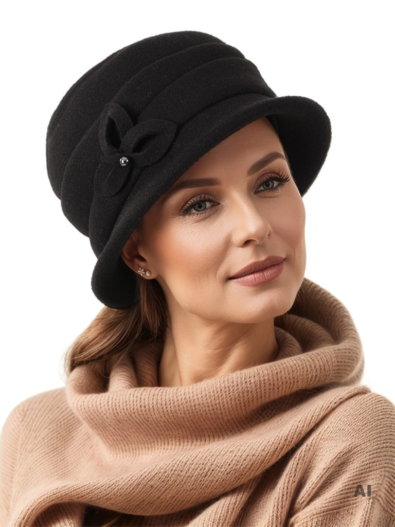 Elegancki czarny kapelusz damski cloche z ociepleniem – stylowy model z ozdobnym kwiatem z filcu i regulacją 40518