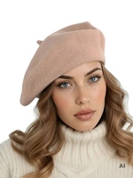 Elegancki beżowy beret damski z wełny merynosa – klasyczny fason francuski z antenką idealny do płaszcza 40878