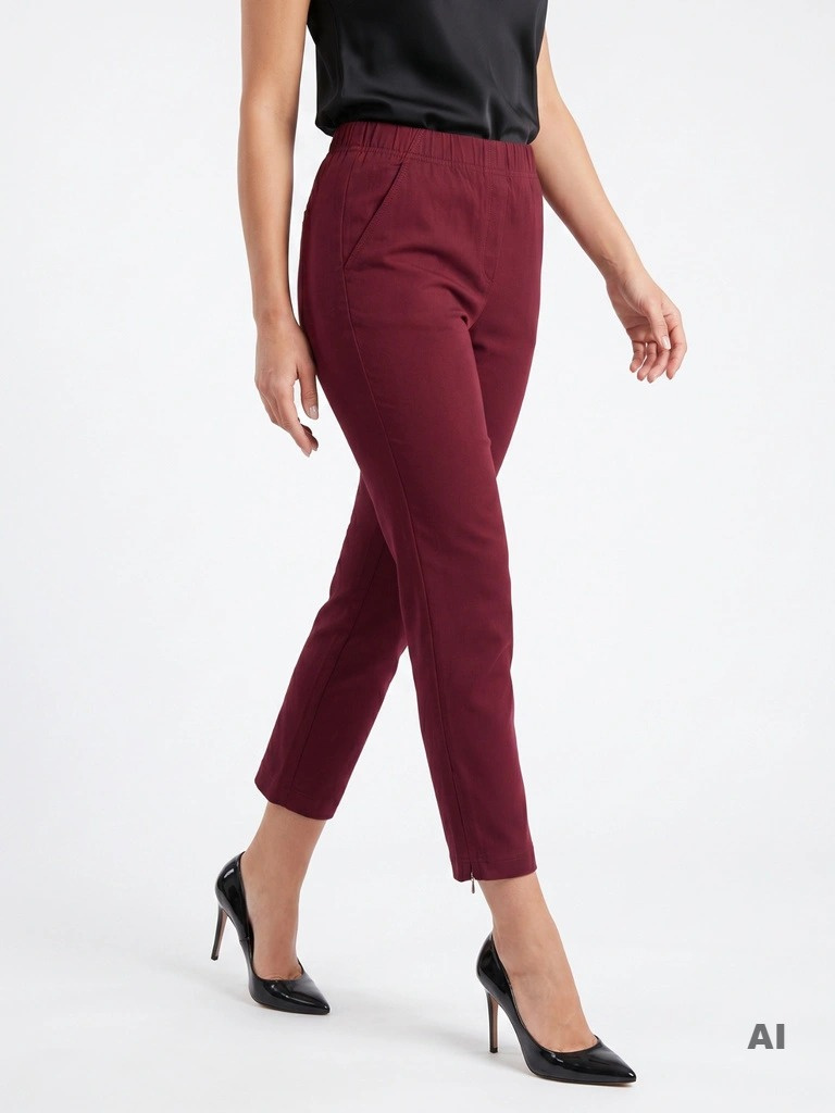 Bordowe spodnie damskie rybaczki z gumką w pasie i srebrnymi zamkami – elegancki fason 7/8 plus size 34873