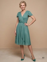 Seledynowa koktajlowa sukienka z kopertowym dekoltem – rozkloszowany krój z paskiem akcentującym talię 38201