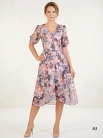 Elegancka sukienka wizytowa midi w kwiaty – rozkloszowany fason z bufiastym rękawem 28988